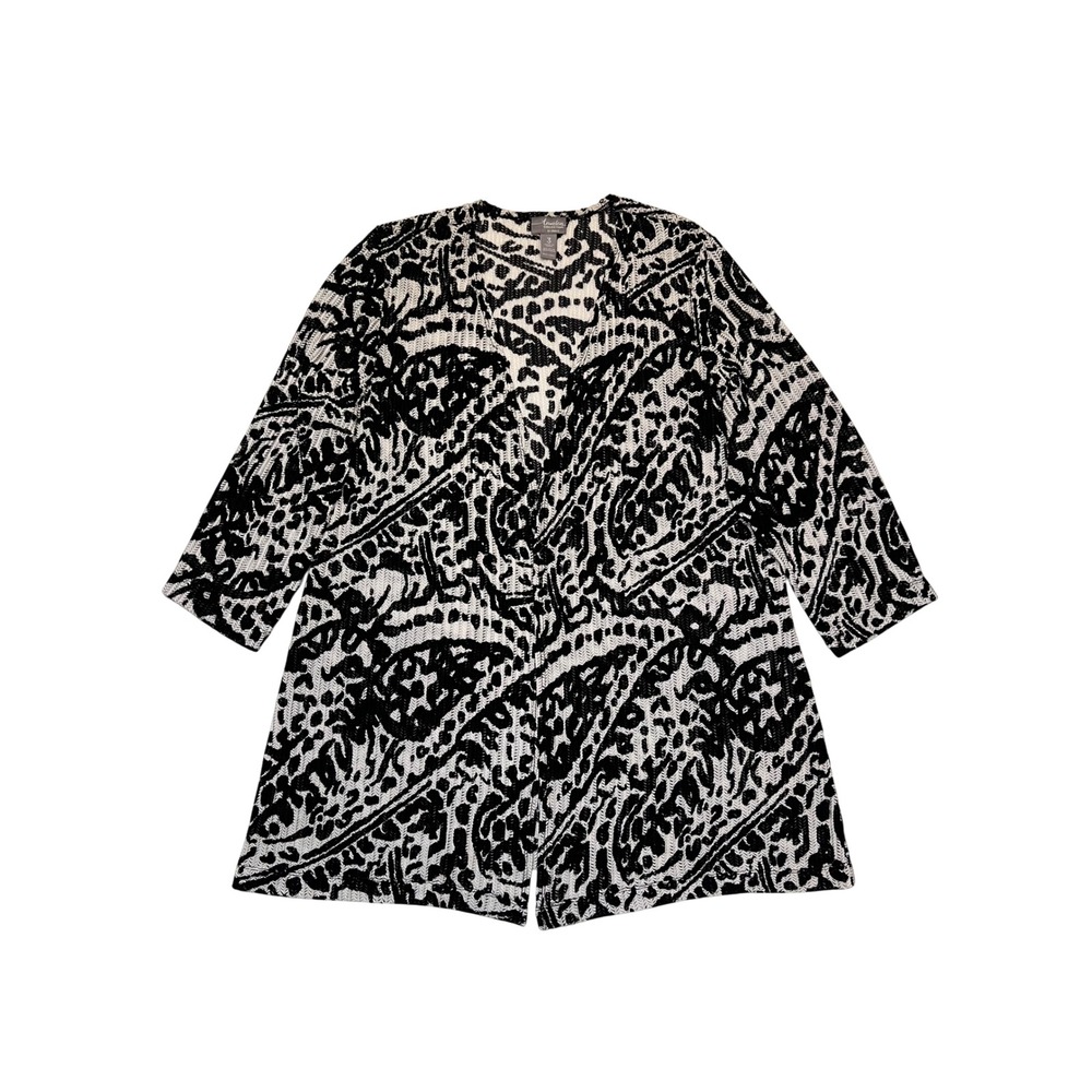 Chico's Travelers Black White Paisley Artsy Crochet Knit Cardigan 3 (Size XL 16)